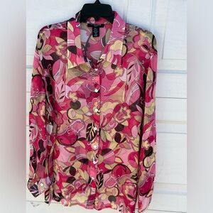Silkland Woman pink  floral button down sheer blouse 100% silk plus 2X